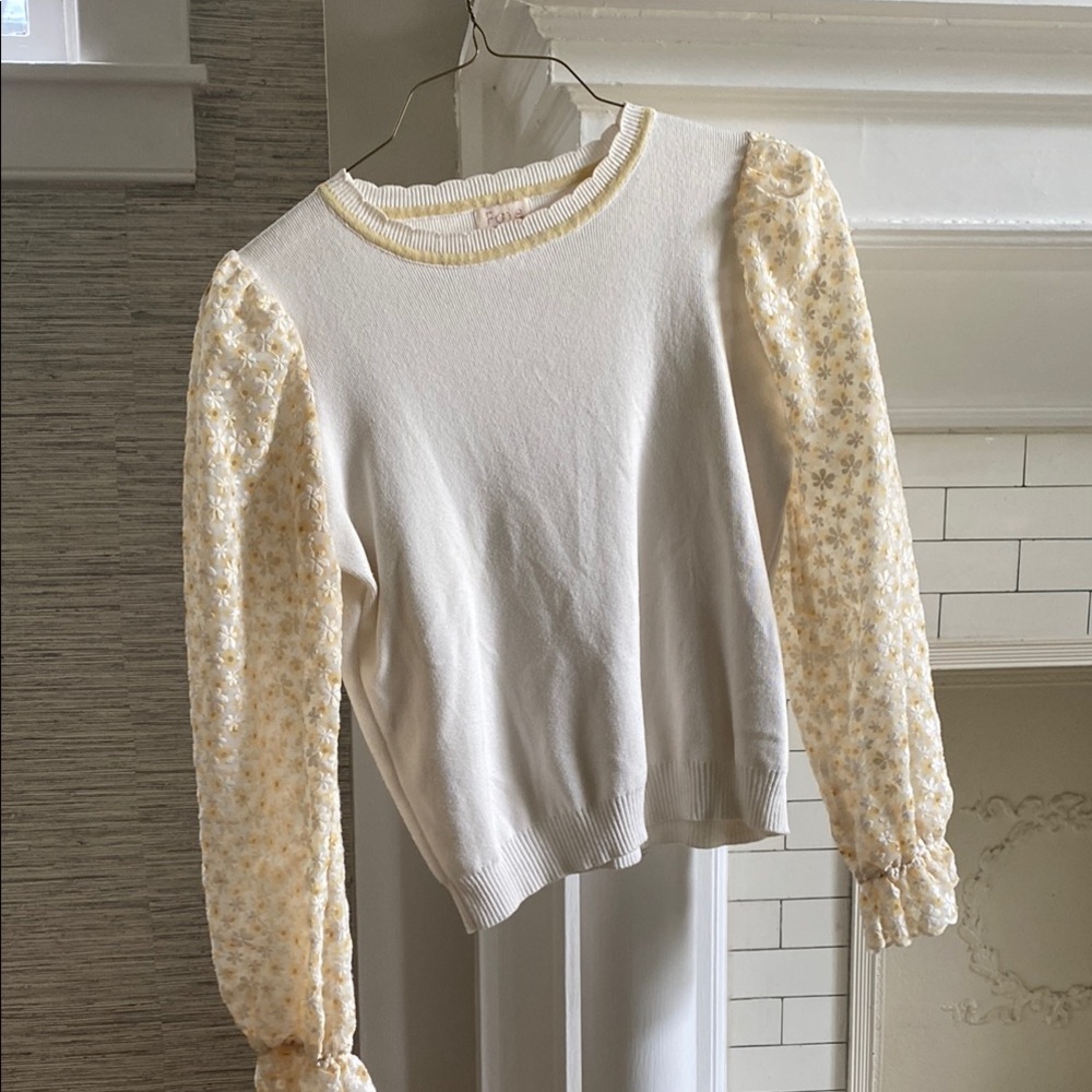 White Sweater with Yellow Floral Sleeves